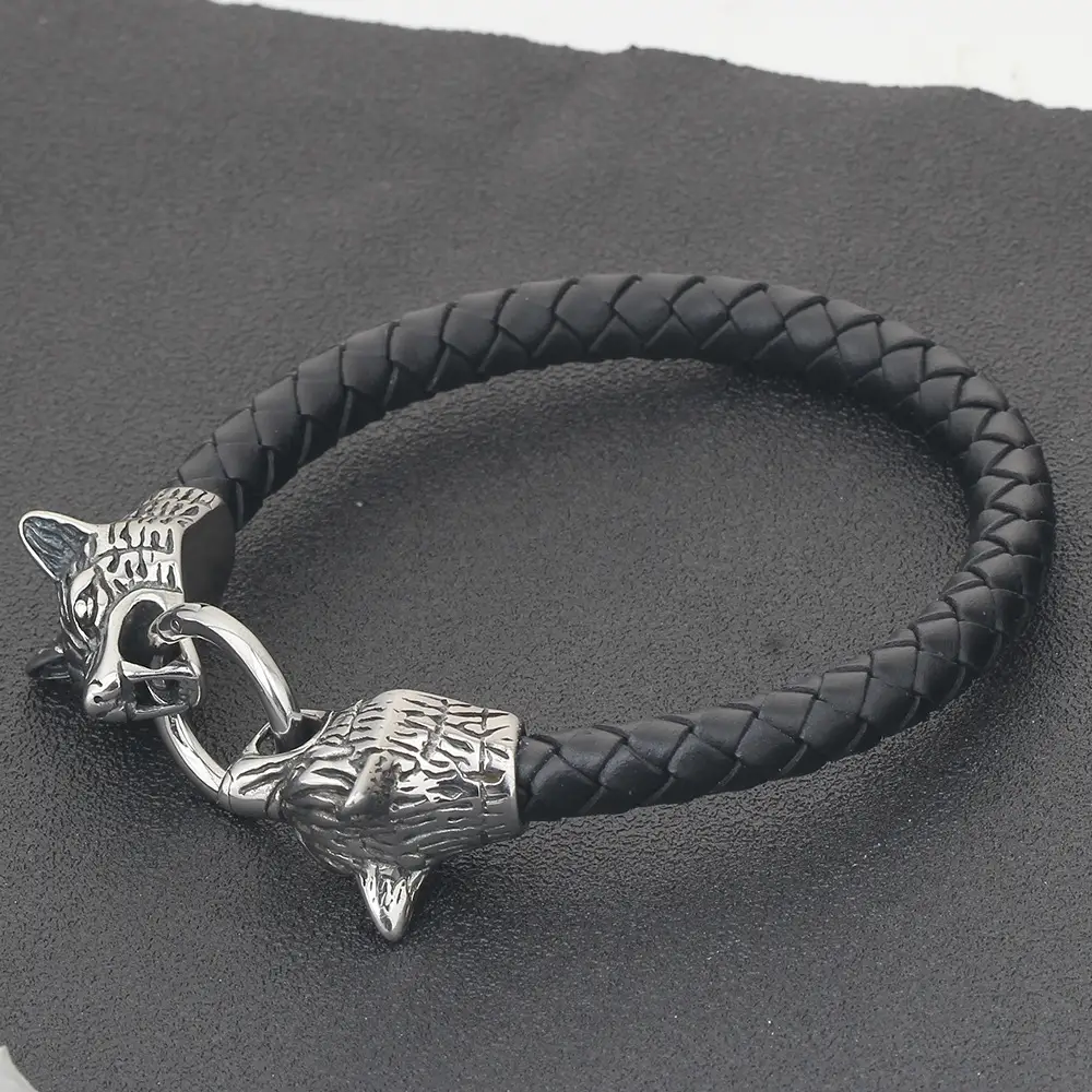 European And American Titanium Steel Cowhide Wolf Head Bracelet