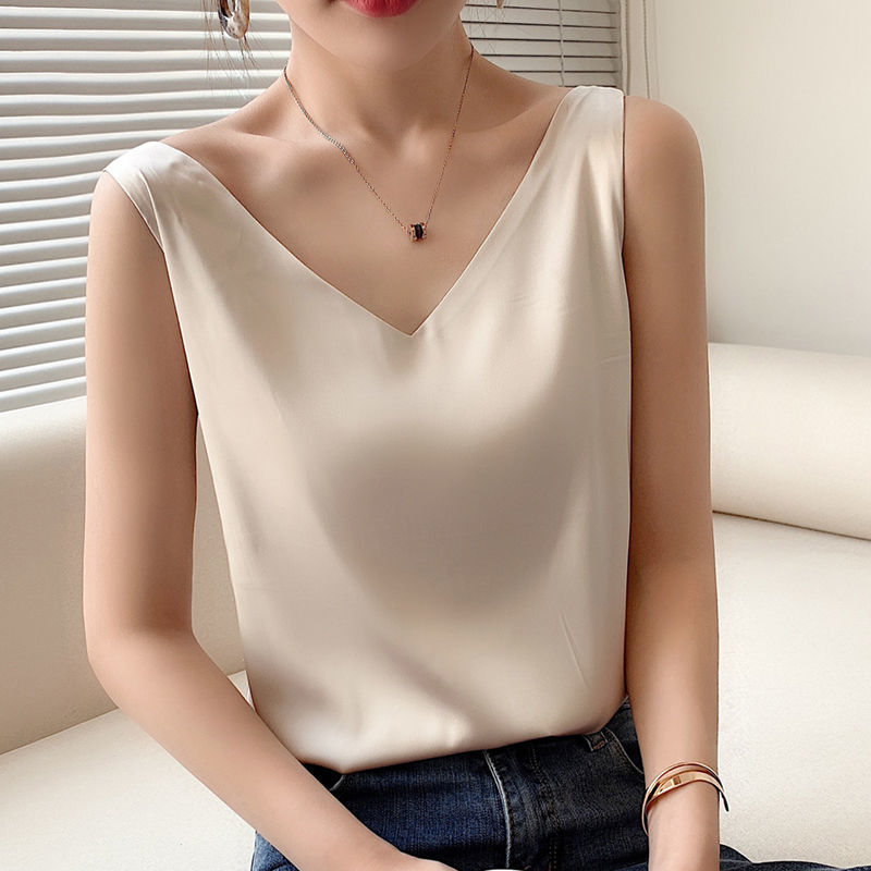 Sleeveless Silk Satin Ladies Camisole Bottoming Shirt Champagne - Shop at LoveMi