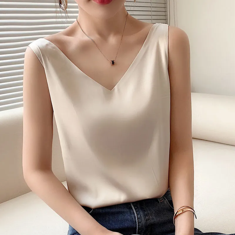 Sleeveless Silk Satin Ladies Camisole Bottoming Shirt - Champagne