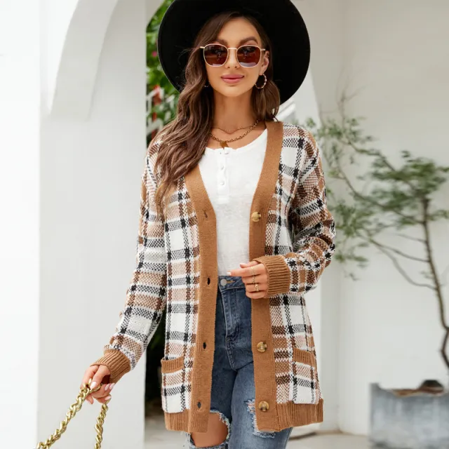 Autumn And Winter New Women's Clothing Diamond Loose Knitted Cardigan Brown - Shop at LoveMi