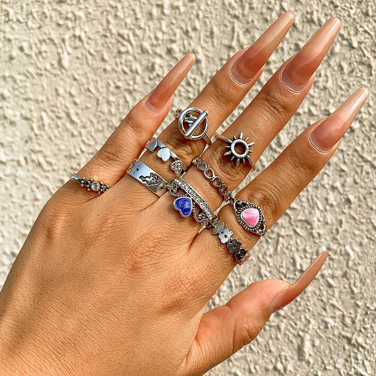 Punk Multi-element Stacking Hollow Heart-shaped Ring