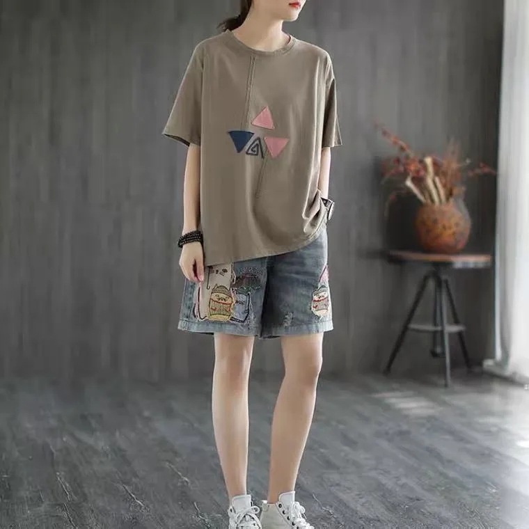 Elastic Waist Ripped Embroidered Vintage Straight Pants Red - Shop at LoveMi