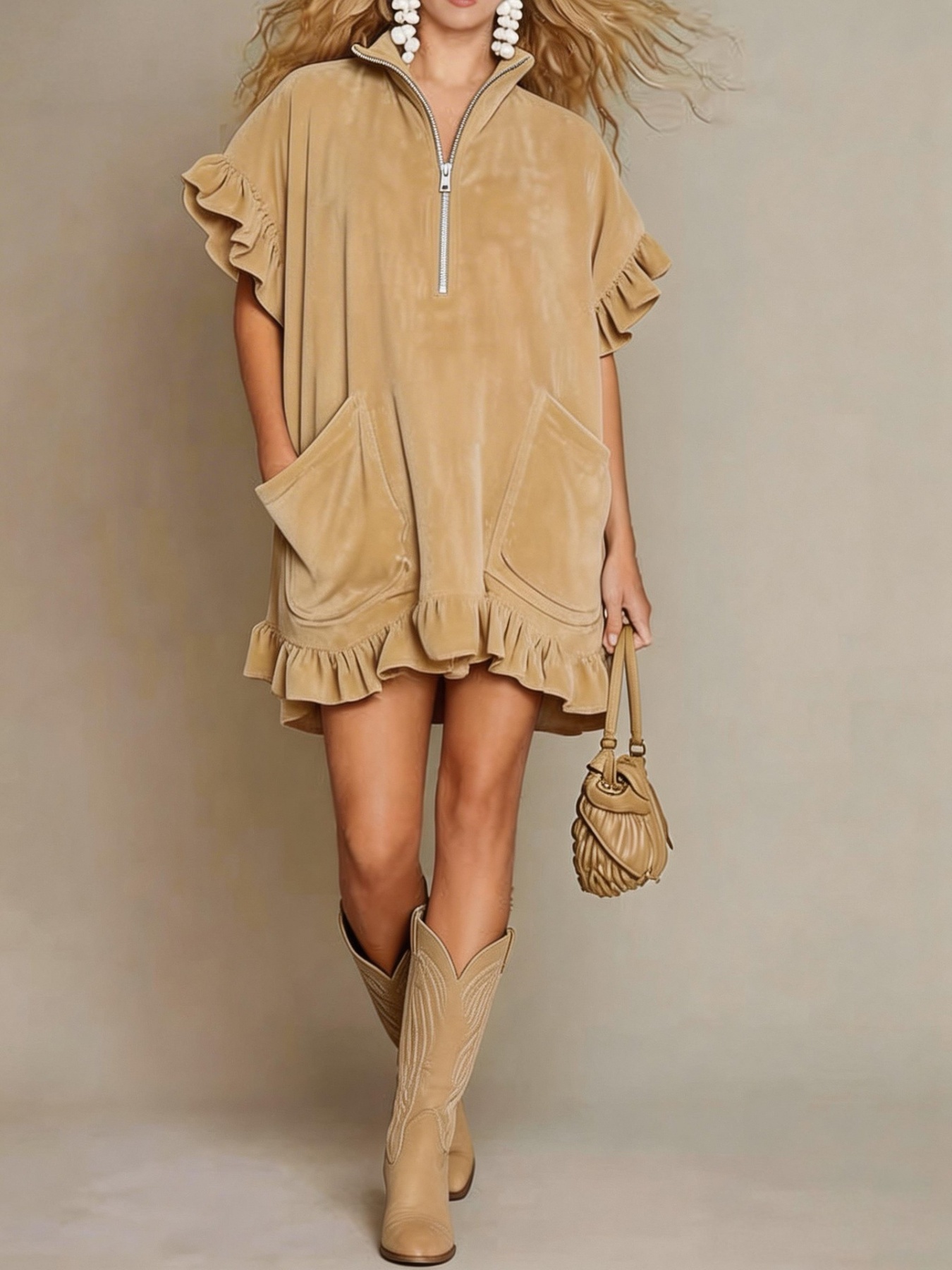 Women's New Spring And Summer Short-sleeved Double Pocket Dress Zipper Ruffle Sleeve A-line Skirt For Women