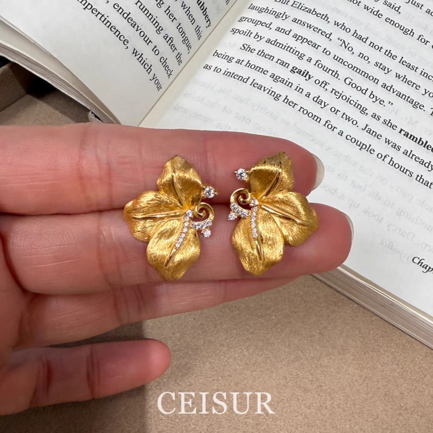 Italian Style Brushed Phalaenopsis Rhinestone Stud Earrings, Retro Heavy Craft All-Match Autumn Winter Fashion Ear Jewelry For Women