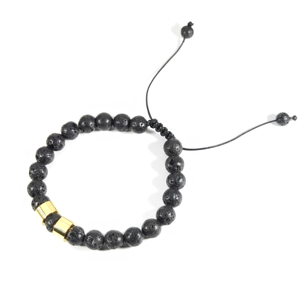 Stainless Steel Bead Bracelet Adjustable Black Lava Stone