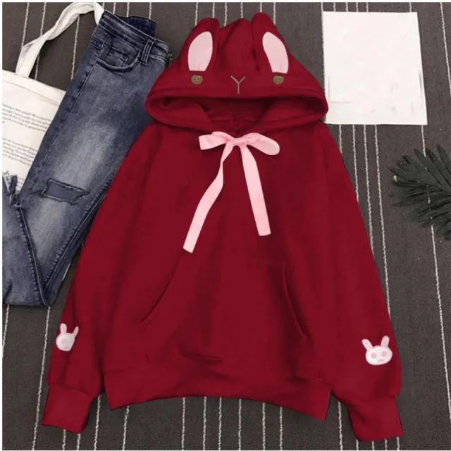 Women's Autumn And Winter Embroidered Cute Rabbit Ear Pocket Hoodie Red - Shop at LoveMi