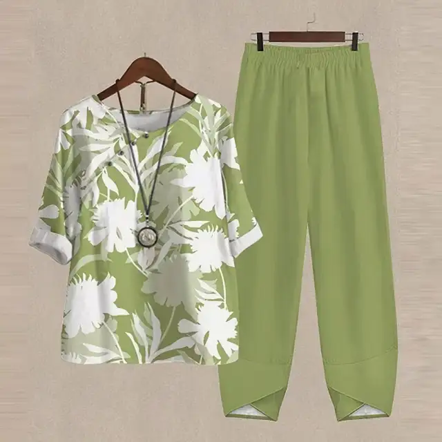 Spring New Women's Five quarter Sleeve Printed Top Two piece Pants Green - Shop at LoveMi