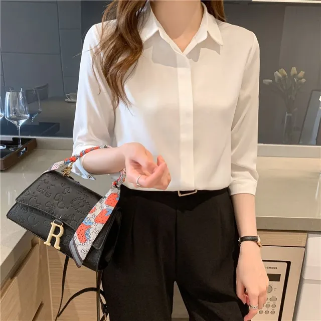 Women's New Color Matching Shirt Long Sleeve White Long Sleeves - Shop at LoveMi