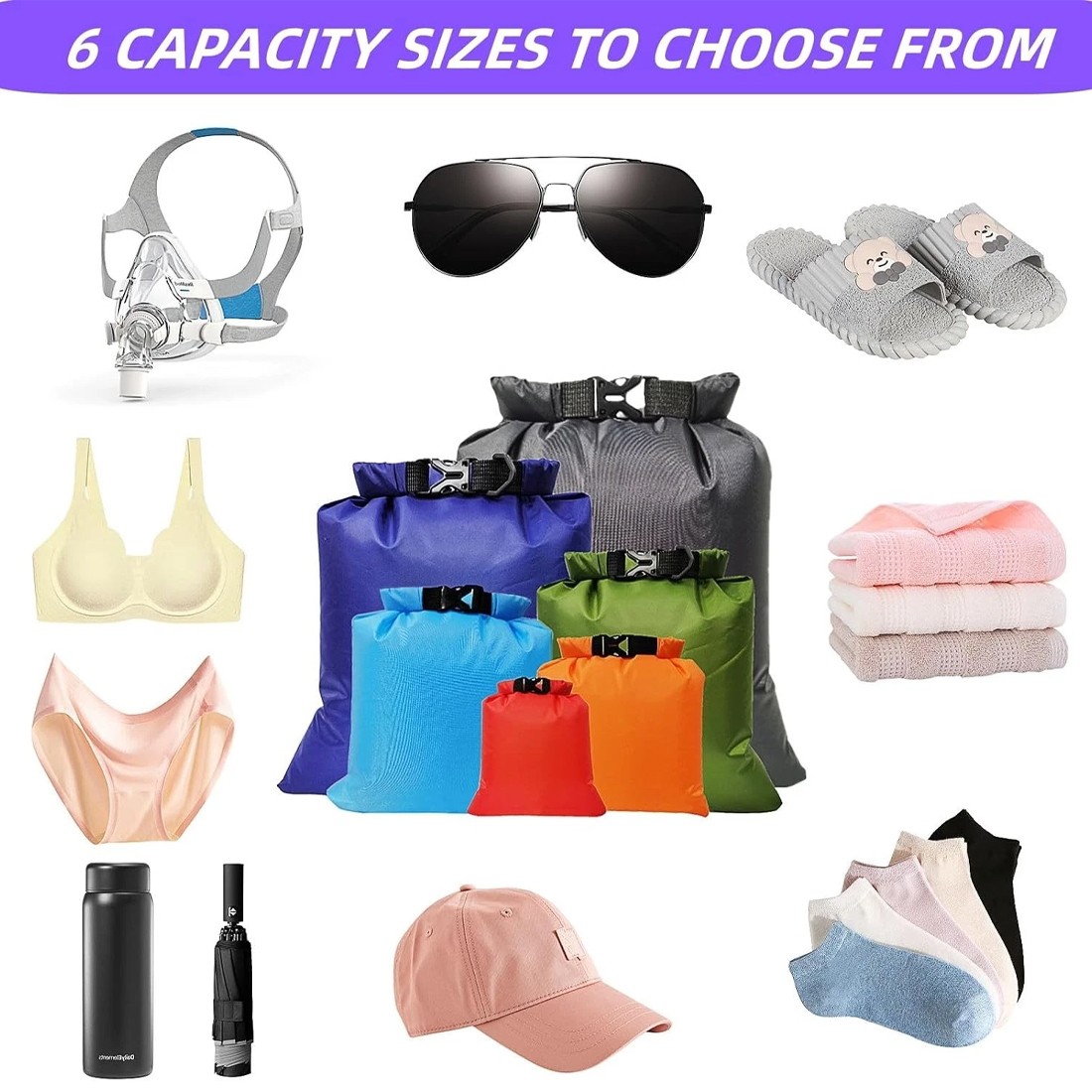 6Piece Waterproof Dry Bag Set Lightweight Rolltop Sacks For Kayaking Camping — image 7