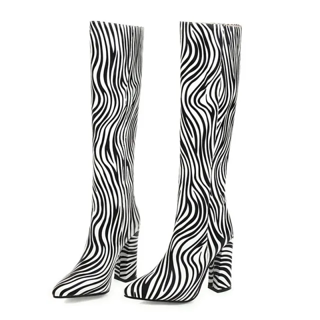 Fashion Animal Print Long Barrel Knight Boots Female Knee high Thick High heeled Boots Zebra - Shop at LoveMi