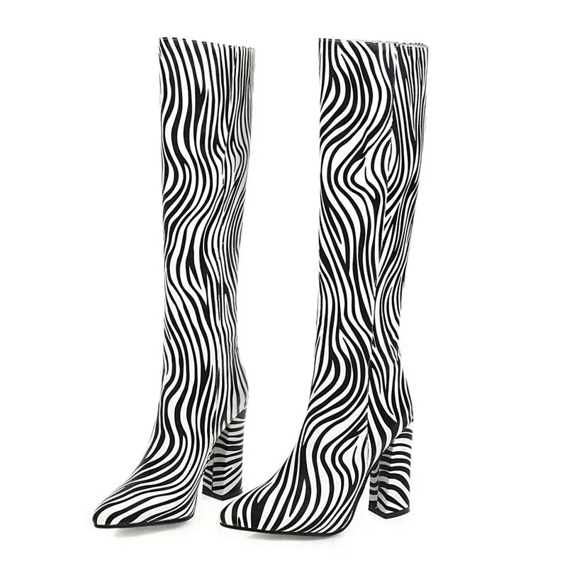 Fashion Animal Print Long Barrel Knight Boots Female Knee-high Thick High-heeled Boots - Zebra