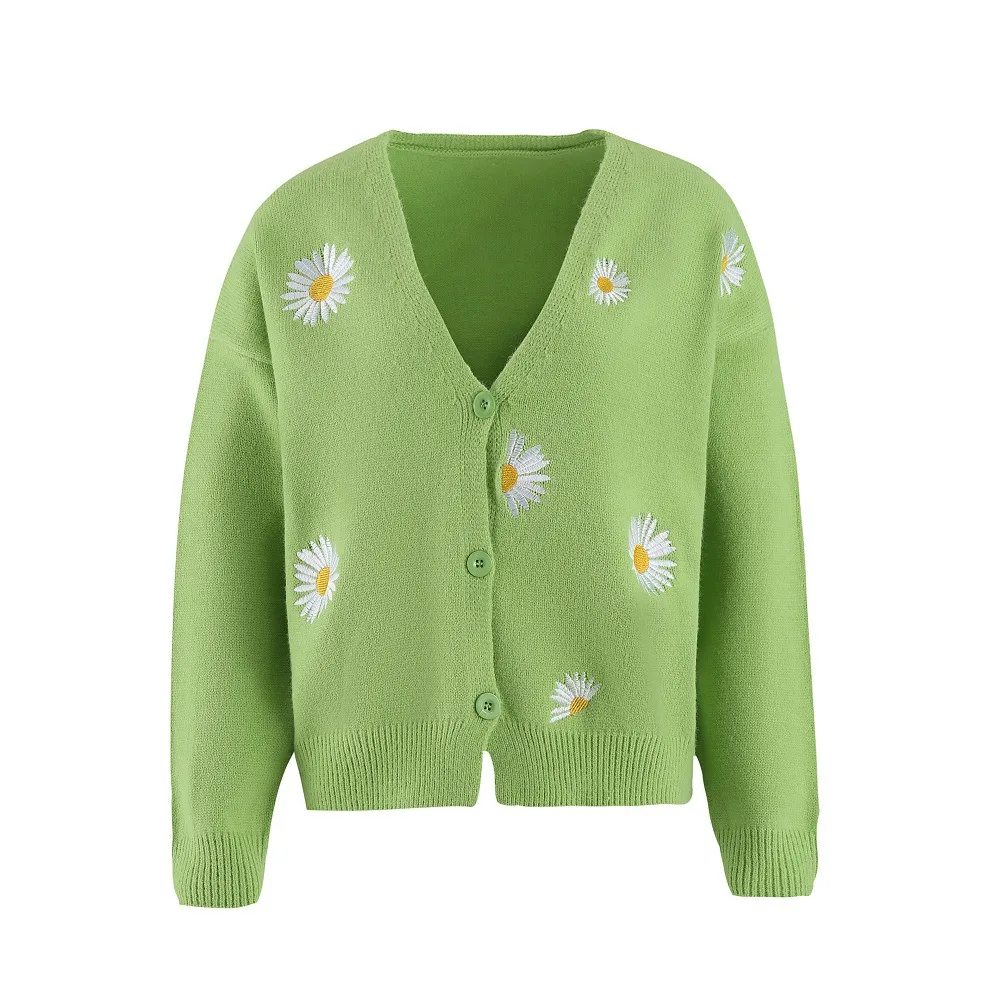 Women's Single Breasted Sweater Chrysanthemum Embroidered Cardigans Coat Clothes - Green