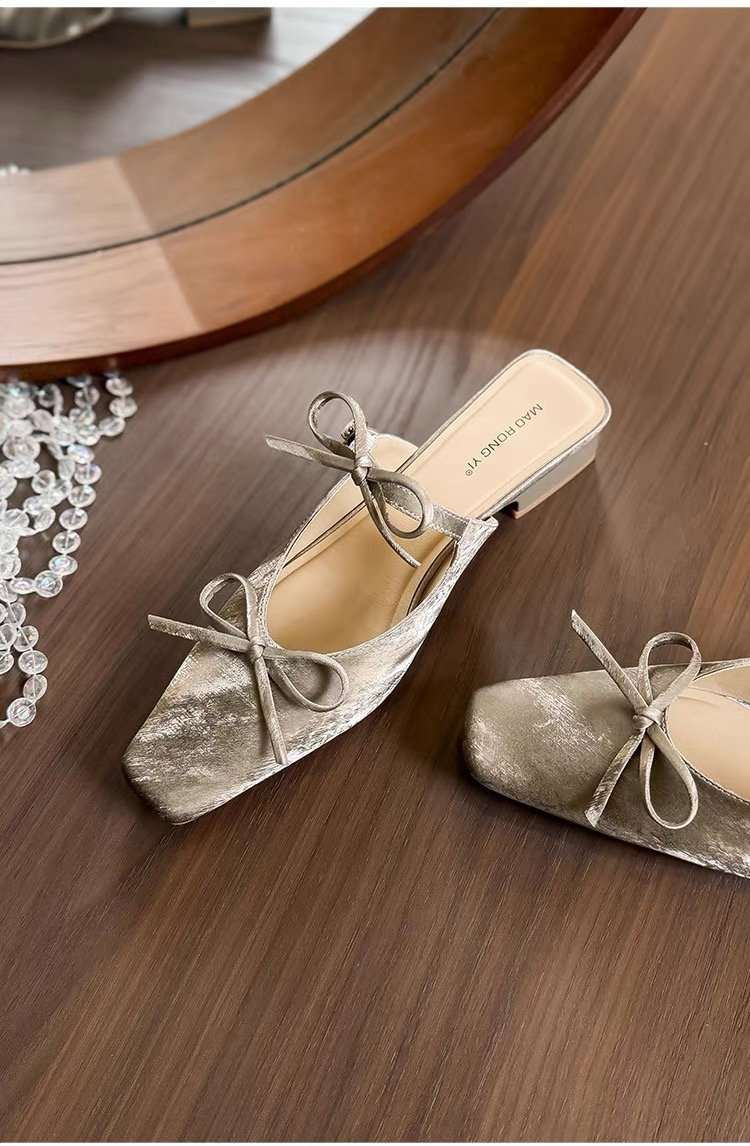 2026 New Women's Bowknot Closed Toe Mule Slippers Elegant Chunky Heel One-Step Slip On Sandals