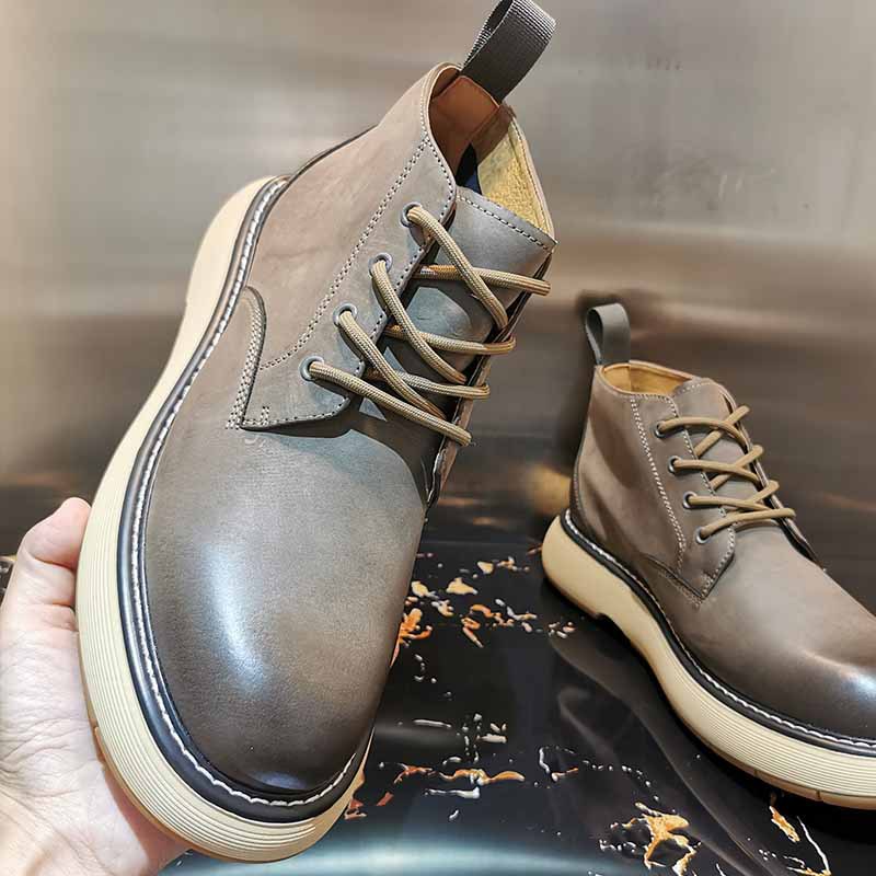 Cowhide Round Toe High-top Leather Shoes