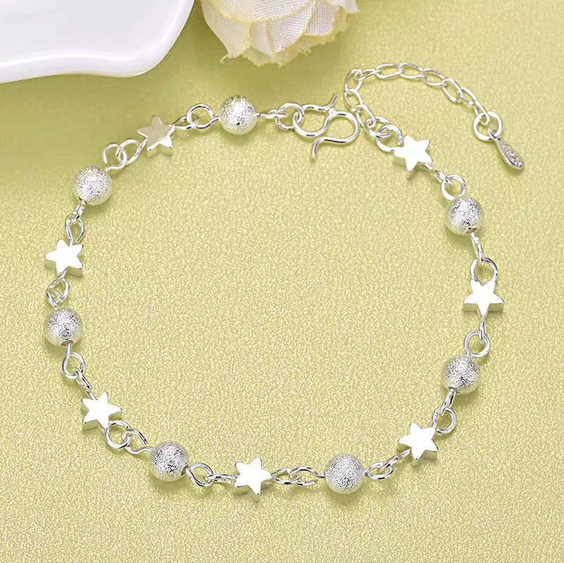 1pc 999 Sterling Silver Star & Frosted Bead Bracelet, Sweet Minimalist Style, Perfect For Daily Wear And Valentine's Gift
