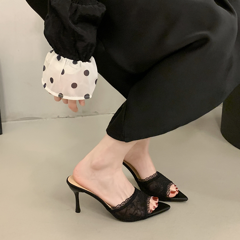 Lace Trim Stiletto Mule Slides, picture 2 of 4