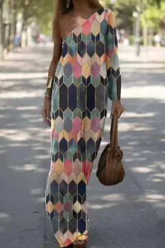 Women's Tie-dyed Trend Printed Diagonal Shoulder Dress - Diamond-Xl - View 1