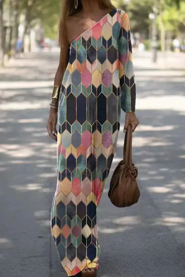 Women's Tie dyed Trend Printed Diagonal Shoulder Dress Diamond Xl - Shop at LoveMi
