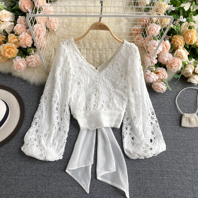 Title 3, Jacket Female Hollow Lace Puff Sleeve Tie Waist...