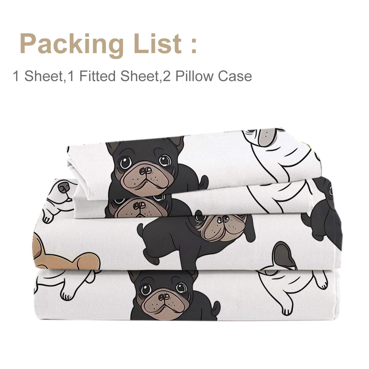 4PCS French Bull Dog Bed Sheet Set, White Black Bedding Set, Puppy Flat Sheet Set, 1 Flat Sheet,1 Fitted Sheet, 2 Pillow Cases