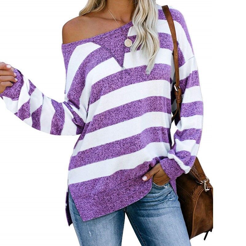 Title 3, Casual Loose Colorblock Striped Long Sleeve Wom...