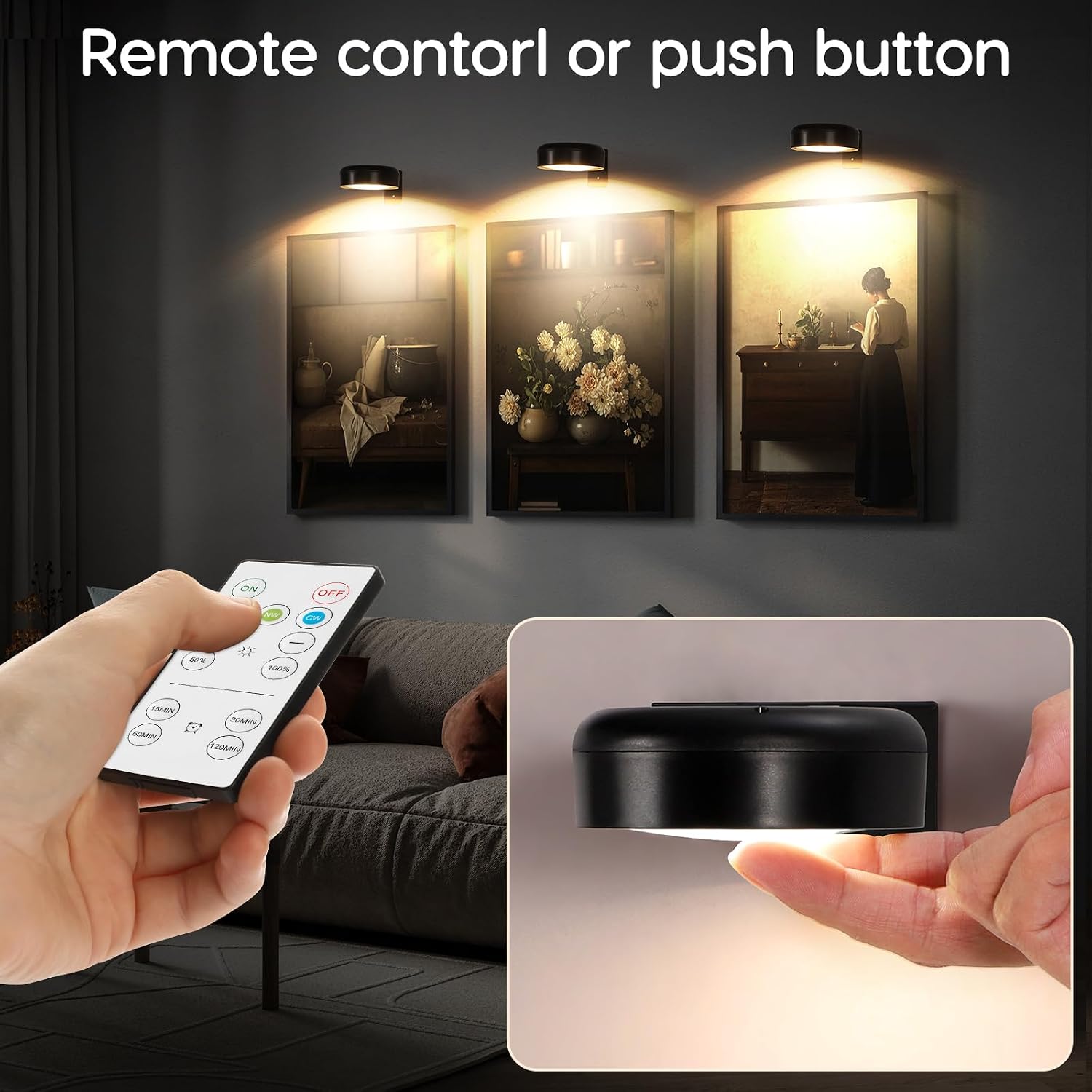 Picture Lights For Wall, 3 Lighting Modes Magnetic Art Display Light,Battery Operated Led Painting Light With Remote Control Dimmable & Timer,9Pack Black thumbnail 2