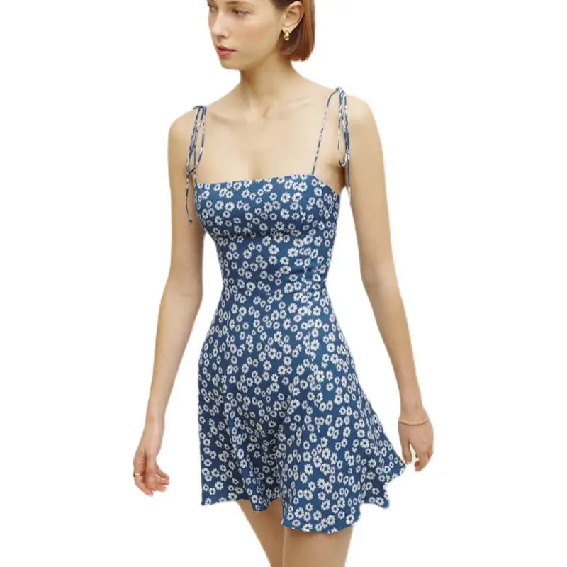 Blue Floral Dress Low Cut V Neck