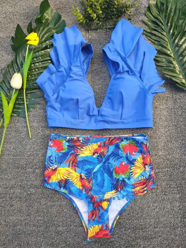 Sexy Swimsuit Printed Split Bikini Swimsuit Women Swimwear Blue - Shop at LoveMi