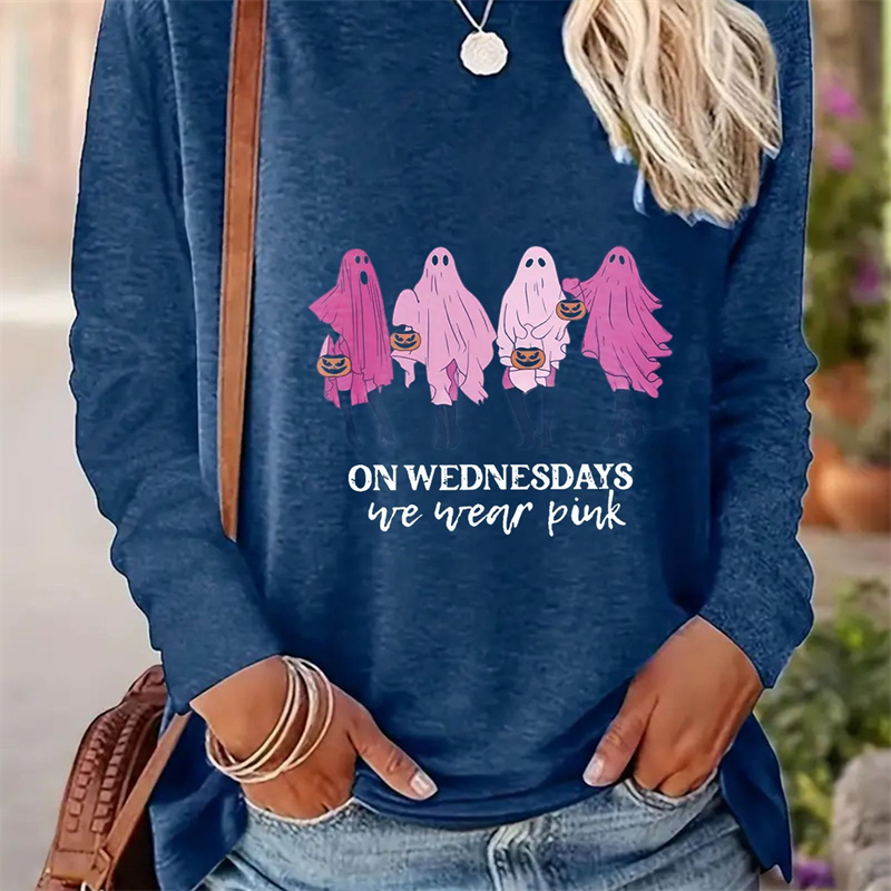 Spring And Autumn Women Casual Simple Pattern Printed Round Neck Long Sleeve T-shirt