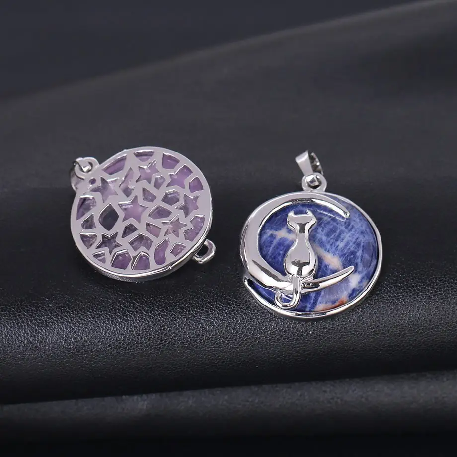 Pussycat With Moon Natural Stone Pendant Hollowed Out Back Crystal Ornament