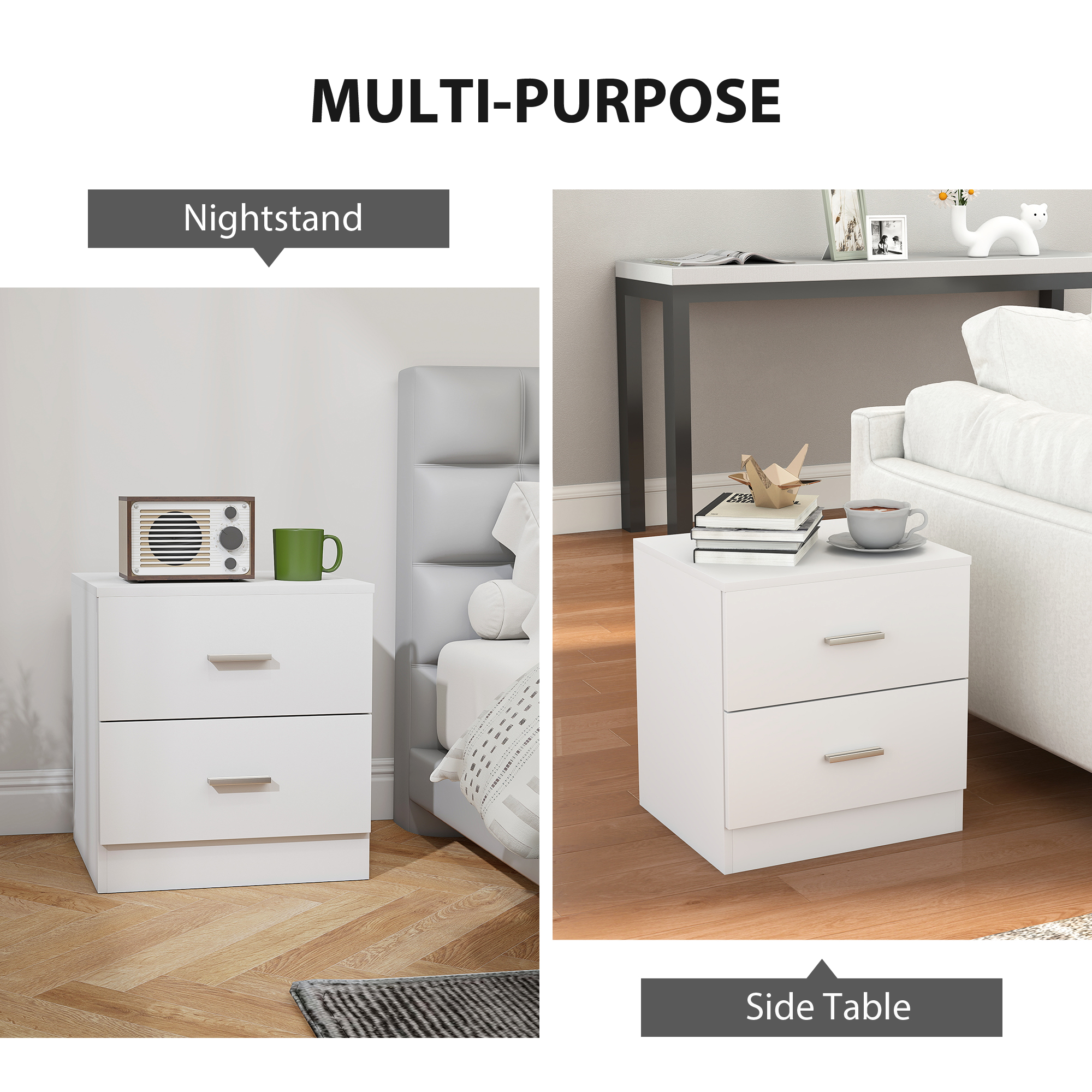 Bedside Table, Small With 2 Drawers And Storage Rack, Modern Bedroom White