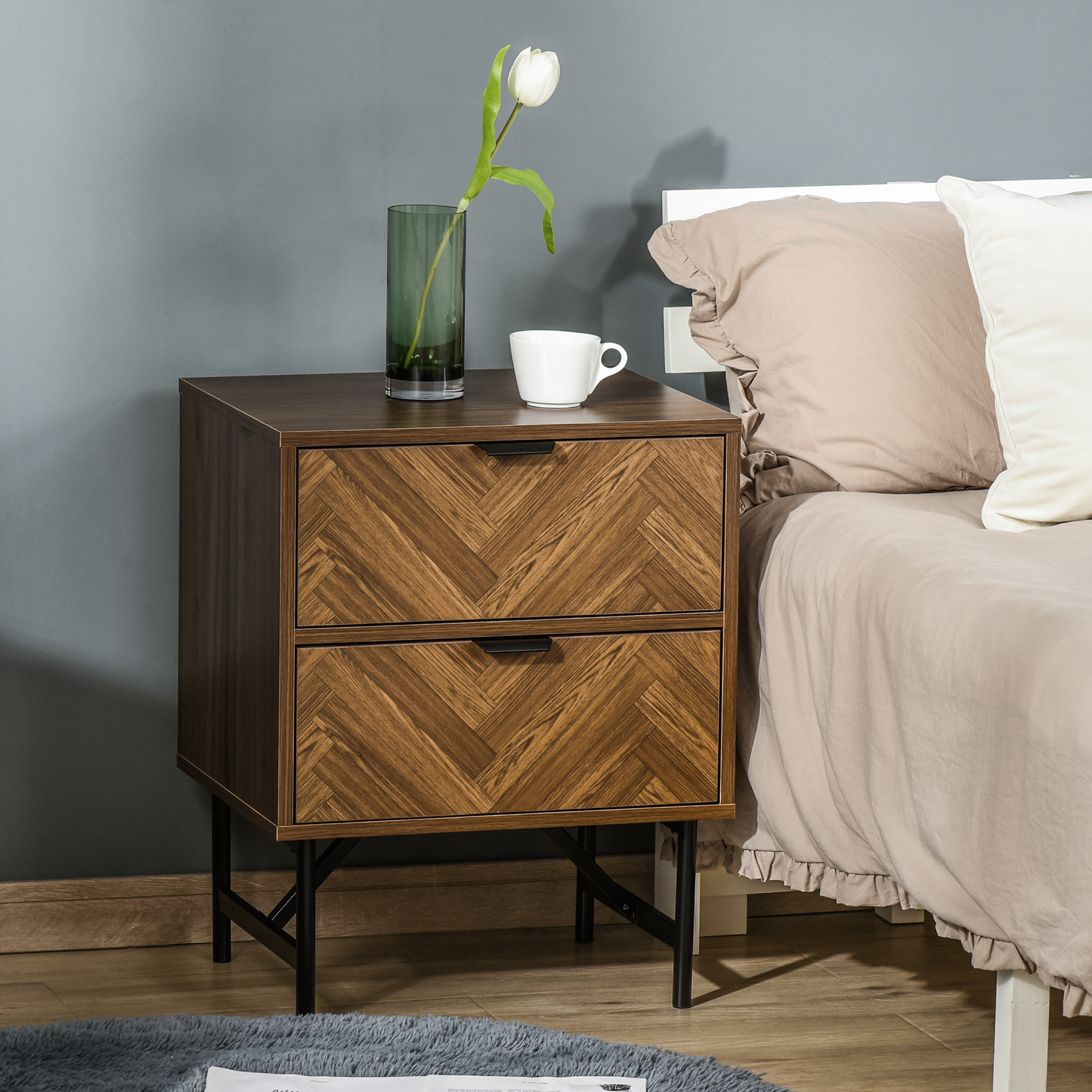 Bedside Table With Two Drawers, Side Cabinet Storage Unit Metal Handles — image 5