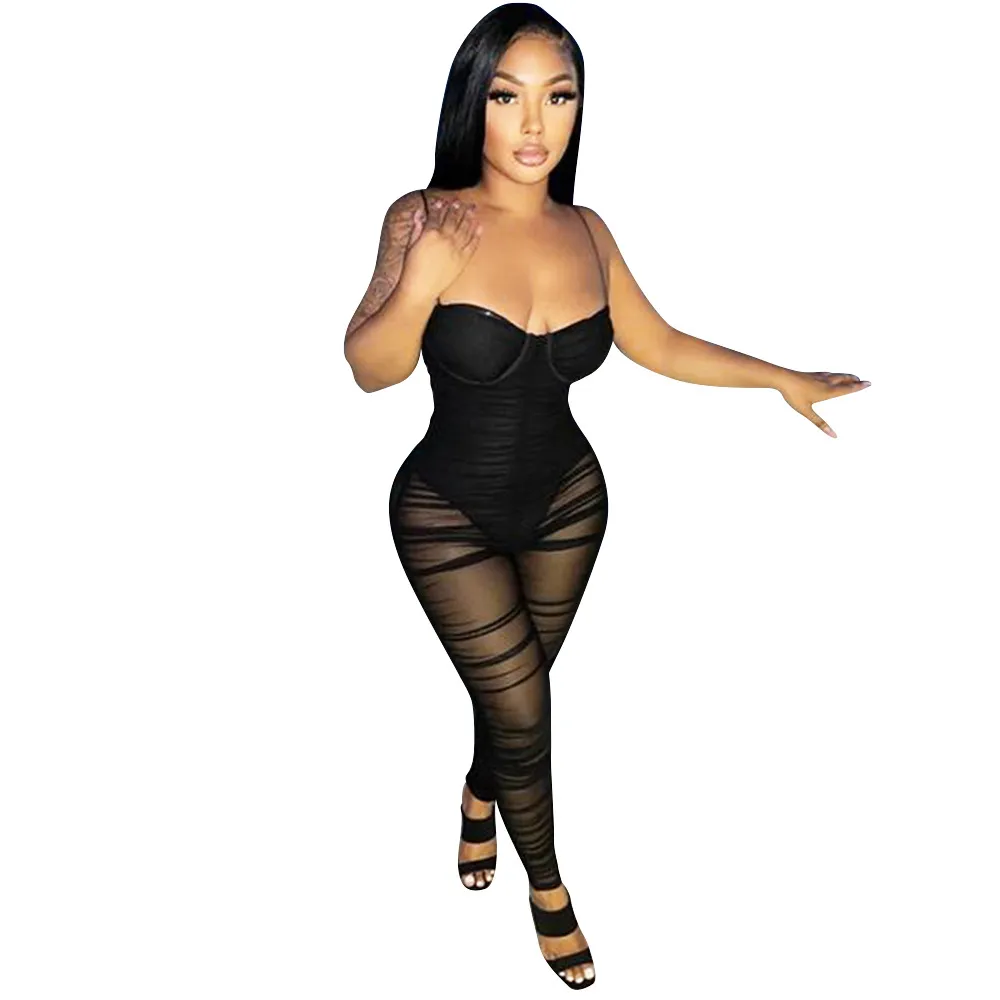 Fashion Sexy Mesh See-Through Suspenders Jumpsuit - Black
