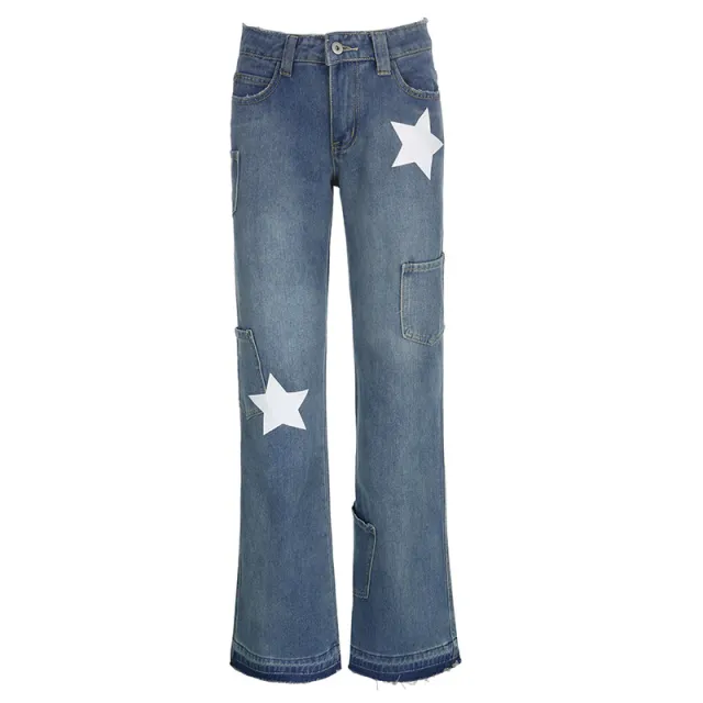American Retro Star Print Asymmetric Jeans Women Blue - Shop at LoveMi