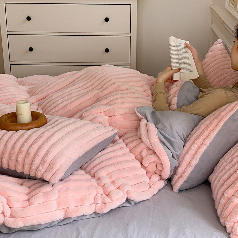 Vertical Pattern Rabbit Milk Fleece Four Piece Set Coral - Image 4