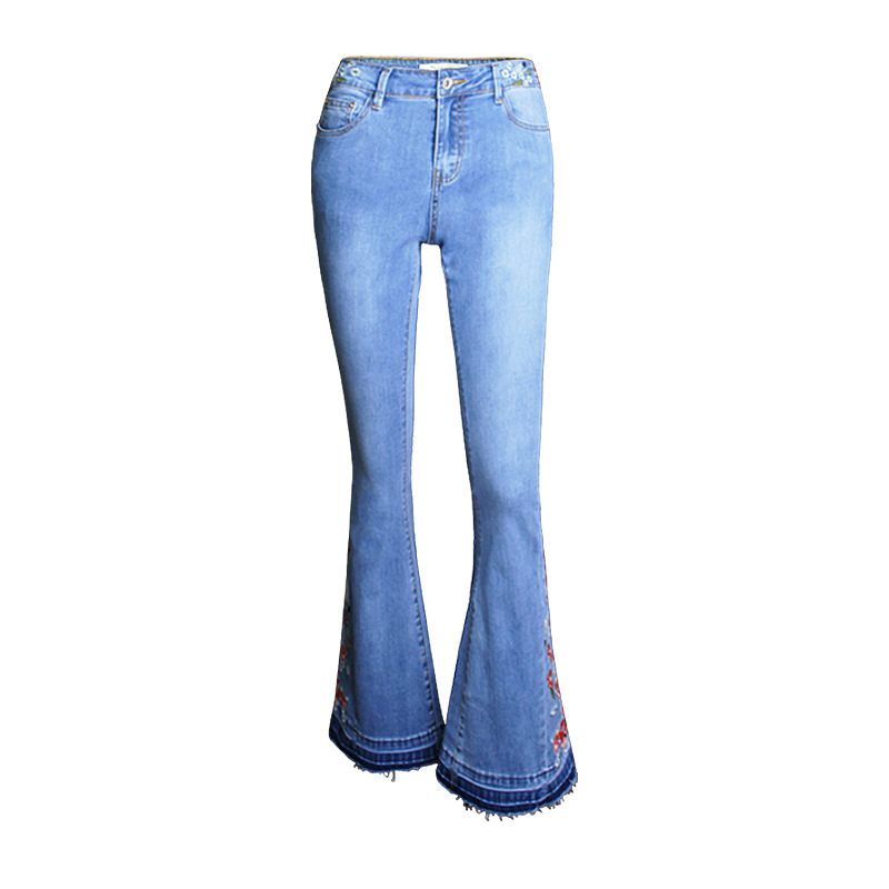 Denim Flared Pants Women Embroidered Embroidery Light Blue - Shop at LoveMi