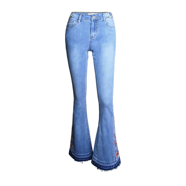 Denim Flared Pants Women Embroidered Embroidery Light Blue - Shop at LoveMi