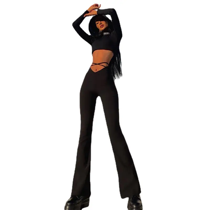 Women's V Waist Cropped Navel Cross Strap Solid Flared Casual Pants