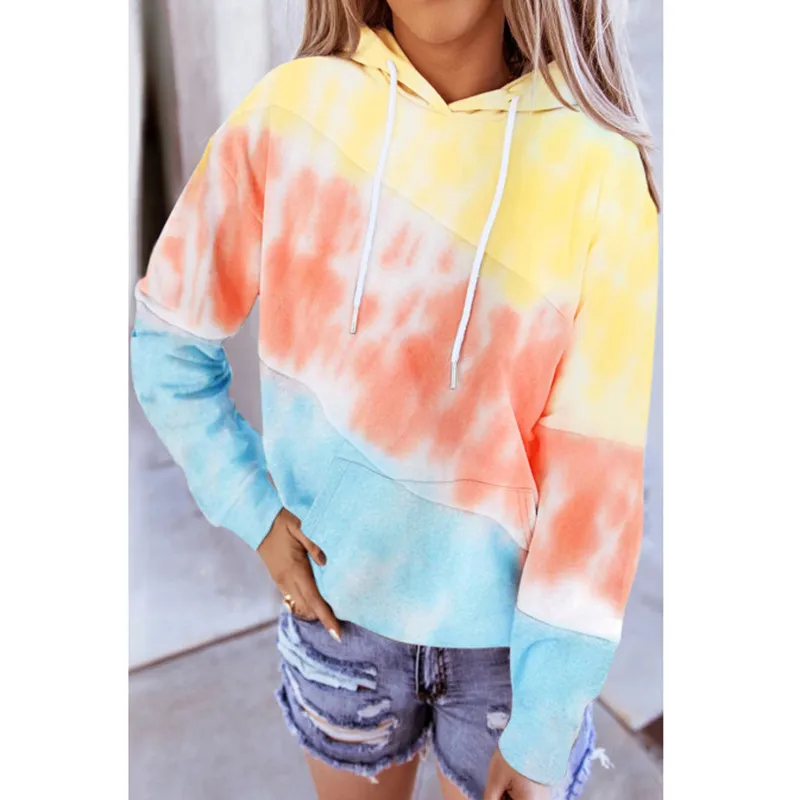 Women Long Sleeve Stitching Hooded Printed Sweatshirt - Blue