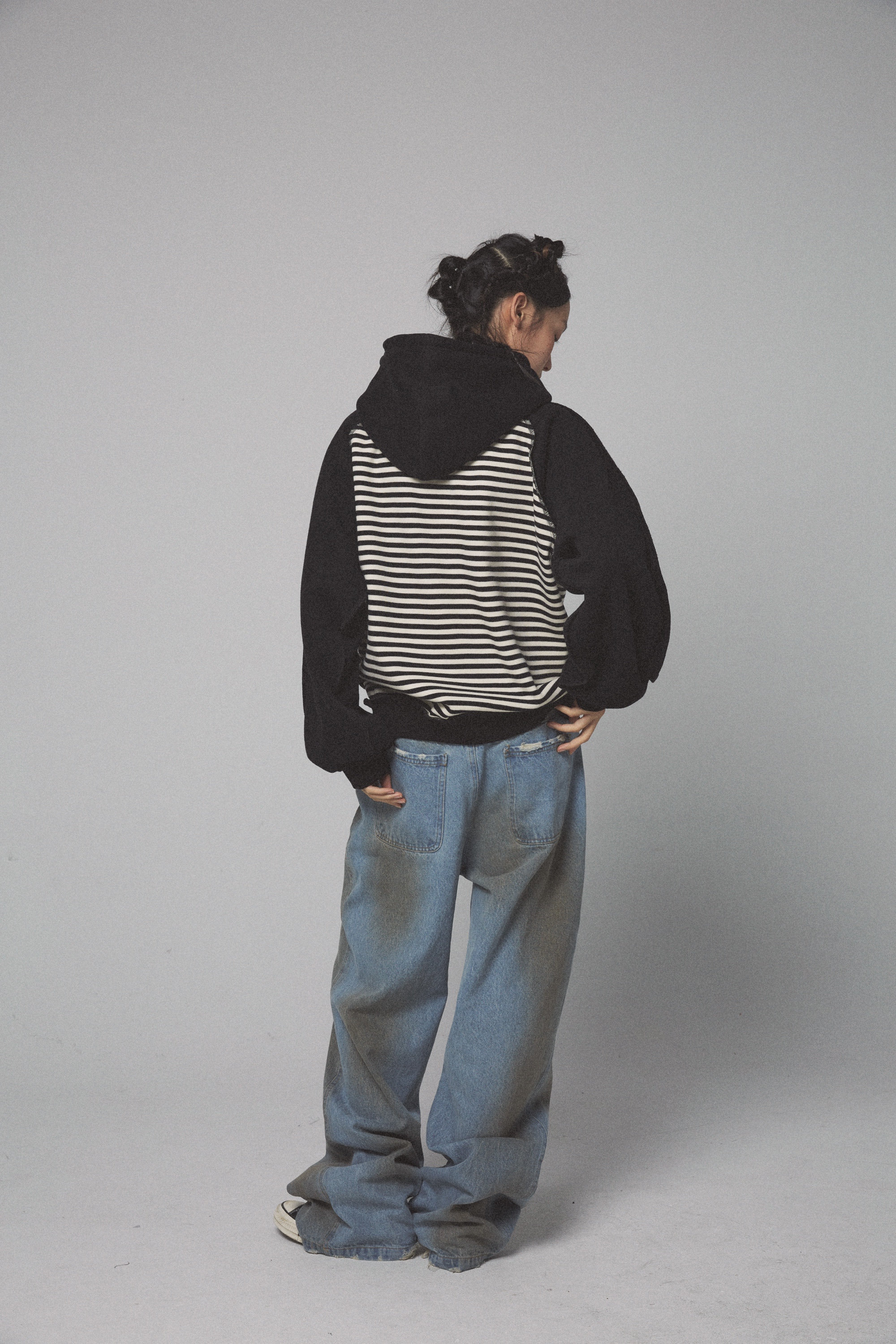 Loose Fleece Embroidered Hooded Panel Striped Long Sleeve Sweater Jacket