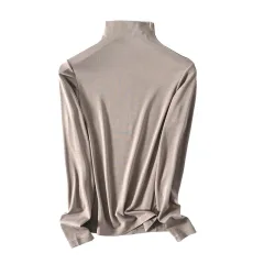 Women's Wool Slim Round Neck Half High Neck Long Sleeve T-shirt - Black Grey Half High Neck - View 1