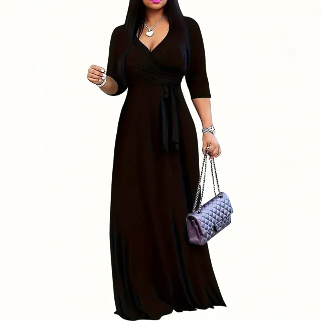 Women's Summer Geometric Print Maxi Dresses Casual 3 4 Sleeve V Neck Tie Waist Long Dress Black - Shop at LoveMi