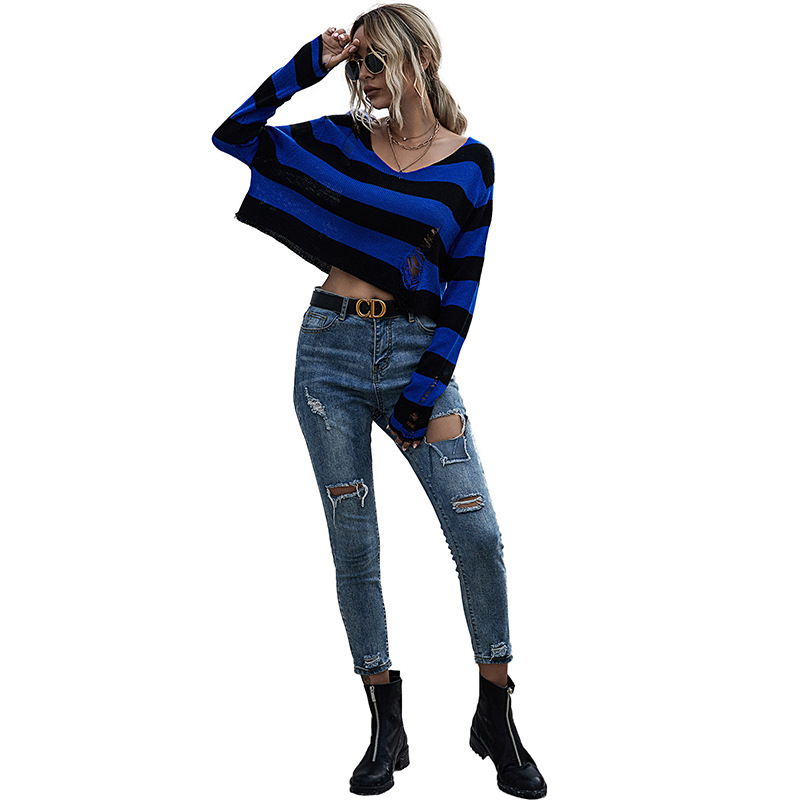 Title 4, New Big V-neck Striped Sweater Ripped Knit Swea...