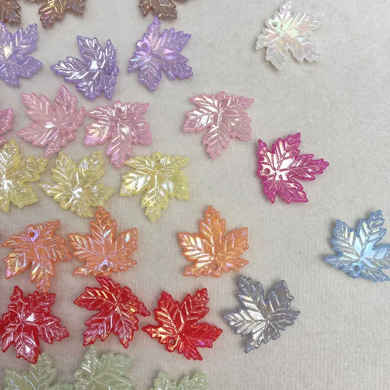 AB Plated Acrylic Maple Leaf Charms, Top-Hole