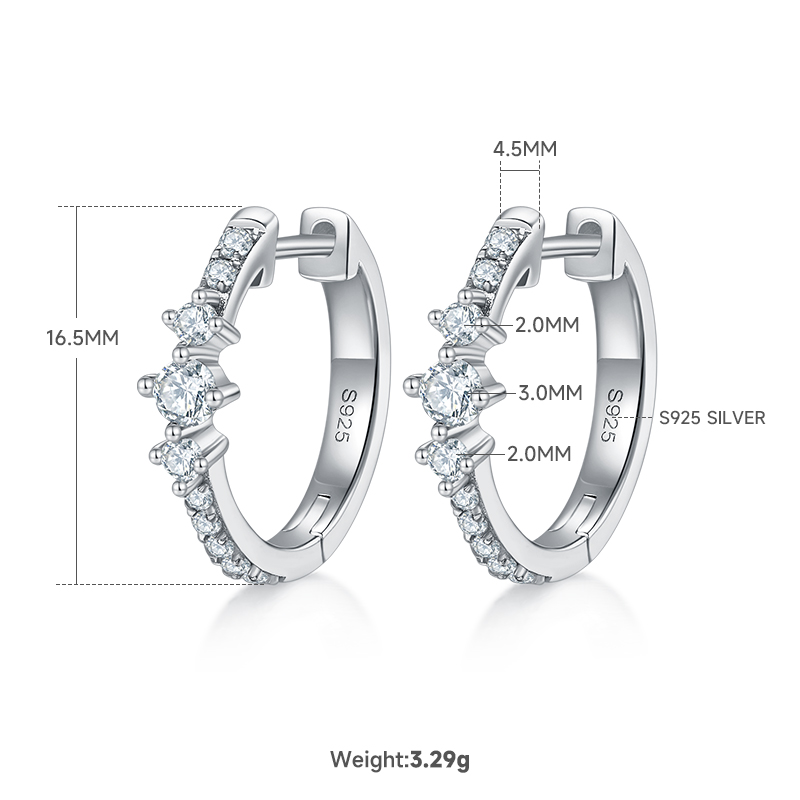 3.3g S925 Sterling Silver 0.52CT Moissanite Huggie Hoop Earrings  16.5mm Minimalist 3-Stone Dangle With GRA Certificate, Platinum Plated Jewelry Gift Box Set For Women