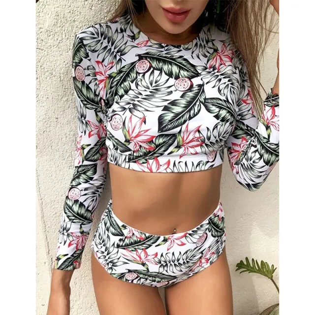 Bikini Long Sleeve Wetsuit Solid Color Swimsuit Sexy Split Printing S - Shop at LoveMi