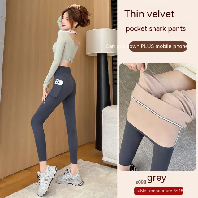 Fall High Waist Hip Lifting And Belly Contracting Yoga Barbie Bodybuilding Pocket Leggings Dark Gray Ninth Fleece Lined - Shop at LoveMi