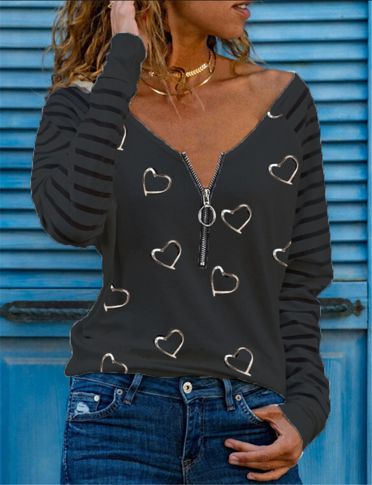 Women's Long Sleeve Heart Print V-Neck Zip T-Shirt - Image 4