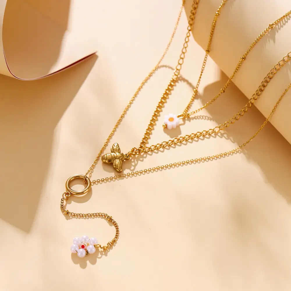 Golden Three-layer Bee Flower Pendant