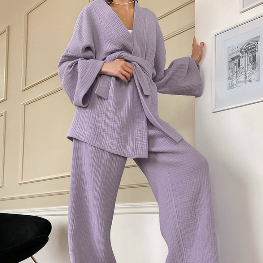 French Loose Gown Trousers Double Gauze Ladies Pajamas - Image 6